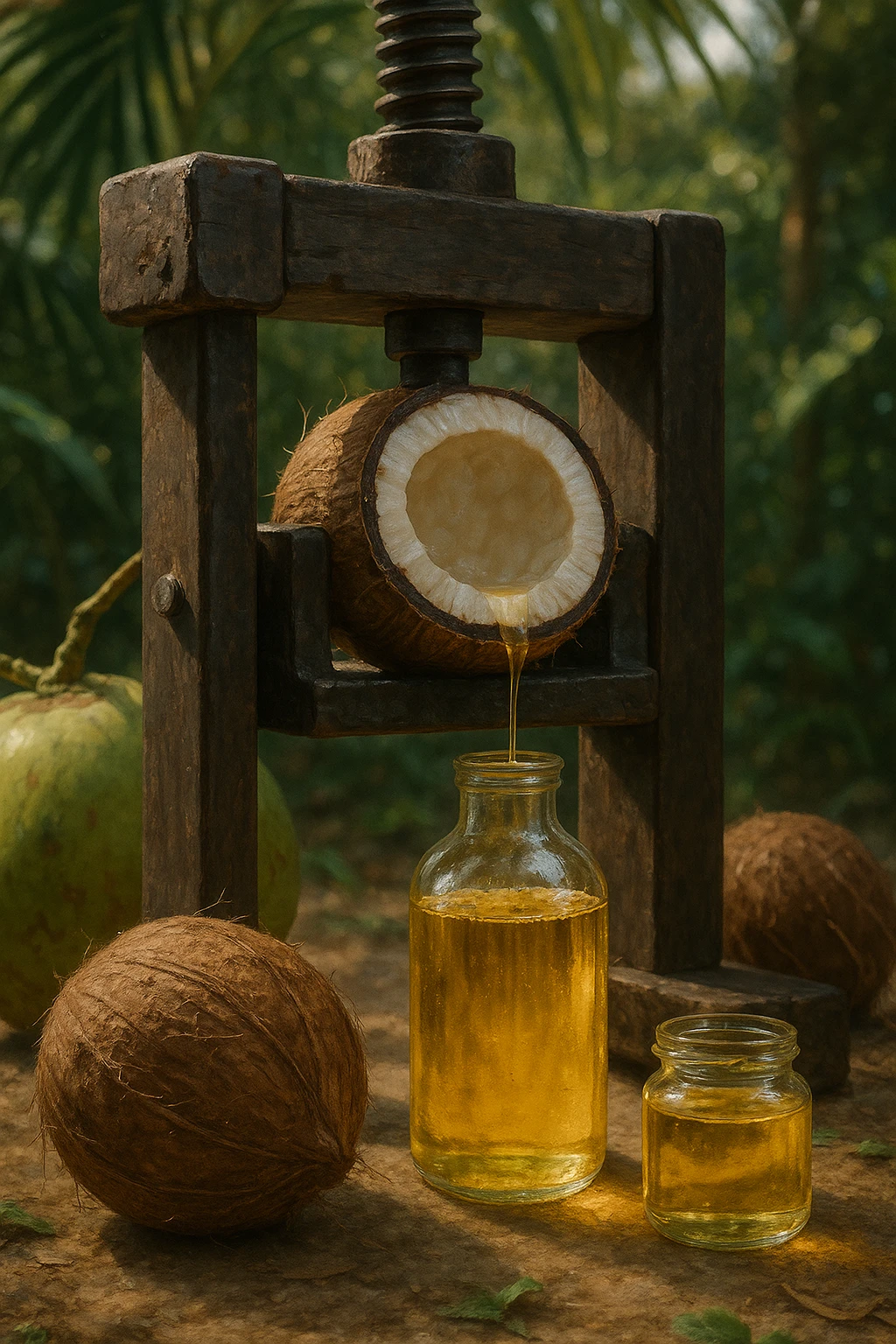 realistic and cinematic vertical 2:3 illustration showing the process of coconut oil extraction for organic product. Depict fresh coconuts, manual or mechanical pressing phase, and pure oil being collected. Natural atmosphere, realistic details, no text. emoji