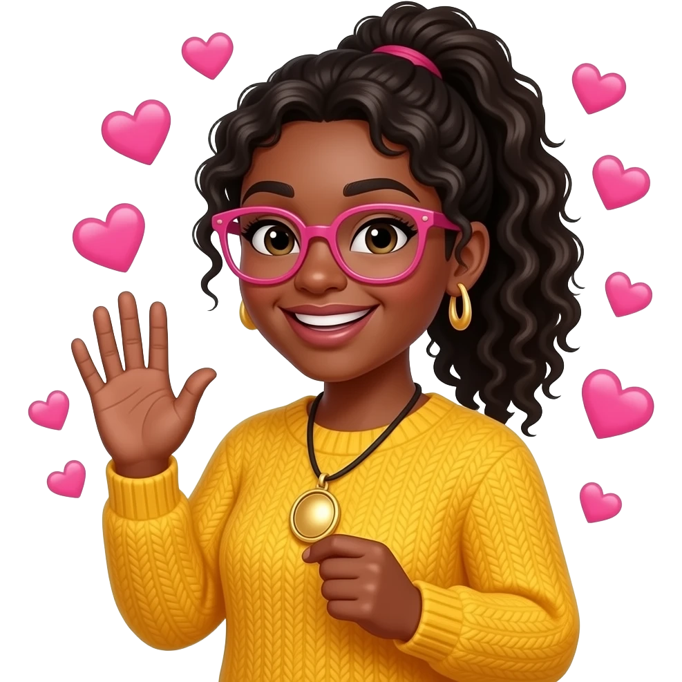 A curvy black pale light skinned woman with long curly hair in a high ponytail, with pink glasses, wearing a yellow sweater and gold locket, waving at the camera, with hearts in the background emoji