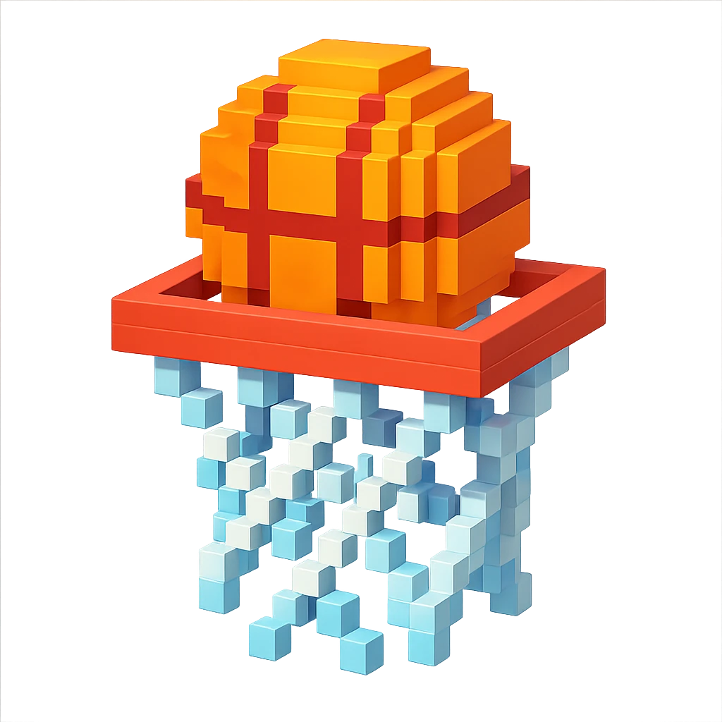 Voxel-style basketball in a net, variation 7 emoji