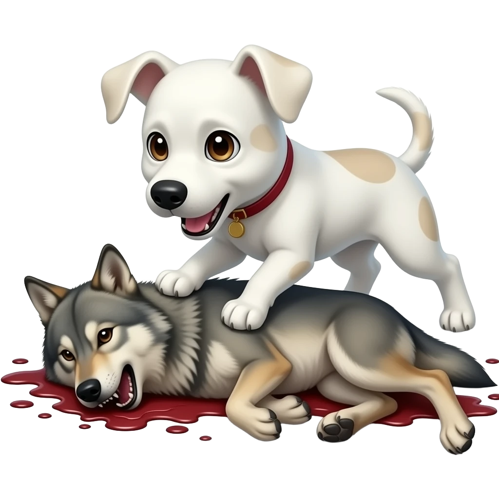 little white dog defeating a dead wolf emoji