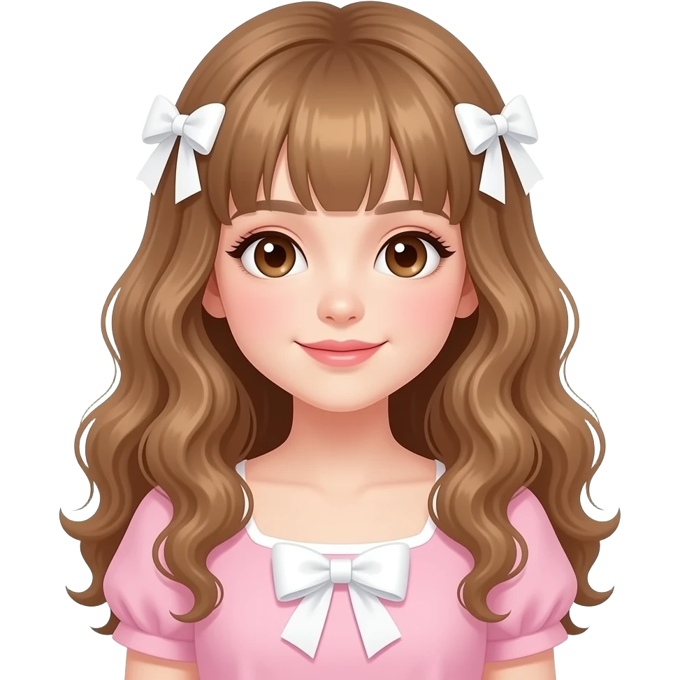 girl, brown eyes, very long slightly curly light brown hair with bangs, white bows in hair, white bow on pale pink dress, horror style emoji