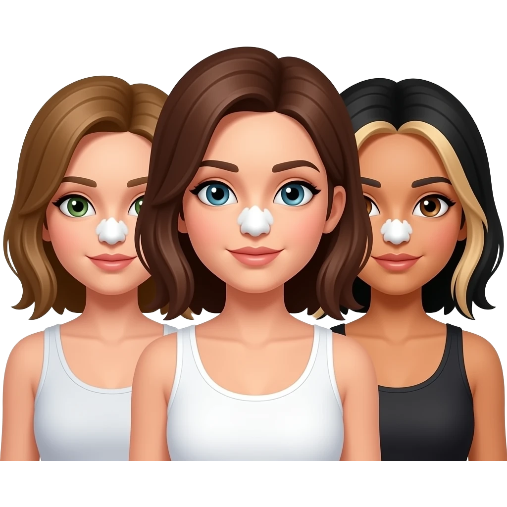 Three girls with white powder on nose. One brownish blonde hair and green eyes with white tank top, one brunette hair, and one with brown eyes and black hair and blonde highlights in hair emoji