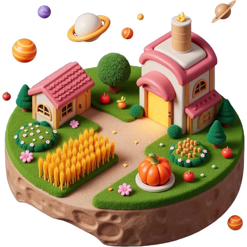 Exterior view of a galactic farm surrounded by stars and nebulae, surreal buildings shaped like cookie factories floating in space, wheat and vegetables growing from glowing soil, cosmic background with planets and stardust, emoji-style emoji