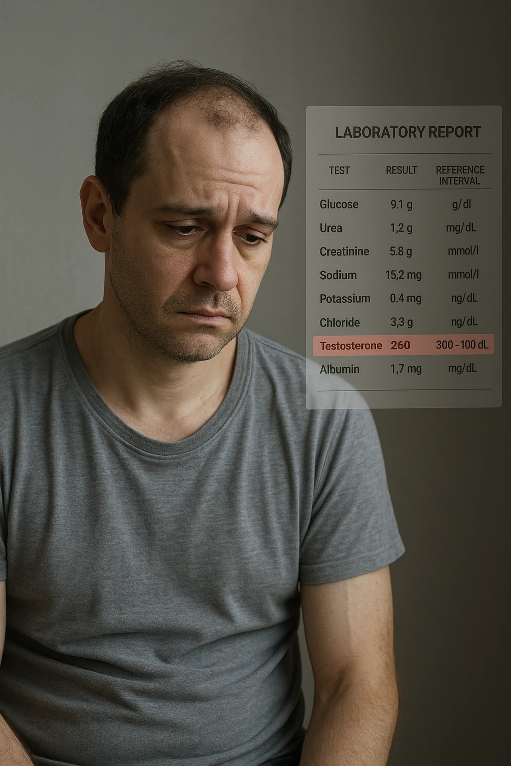 Un uomo caucasico di 35-45 anni, in CGI fotorealistico, che mostra i segni fisici ed emotivi di un basso livello di testosterone. aggiungere un referto medico semi-trasparente fluttuante accanto a lui, con valori di testosterone evidenziati in rosso. emoji