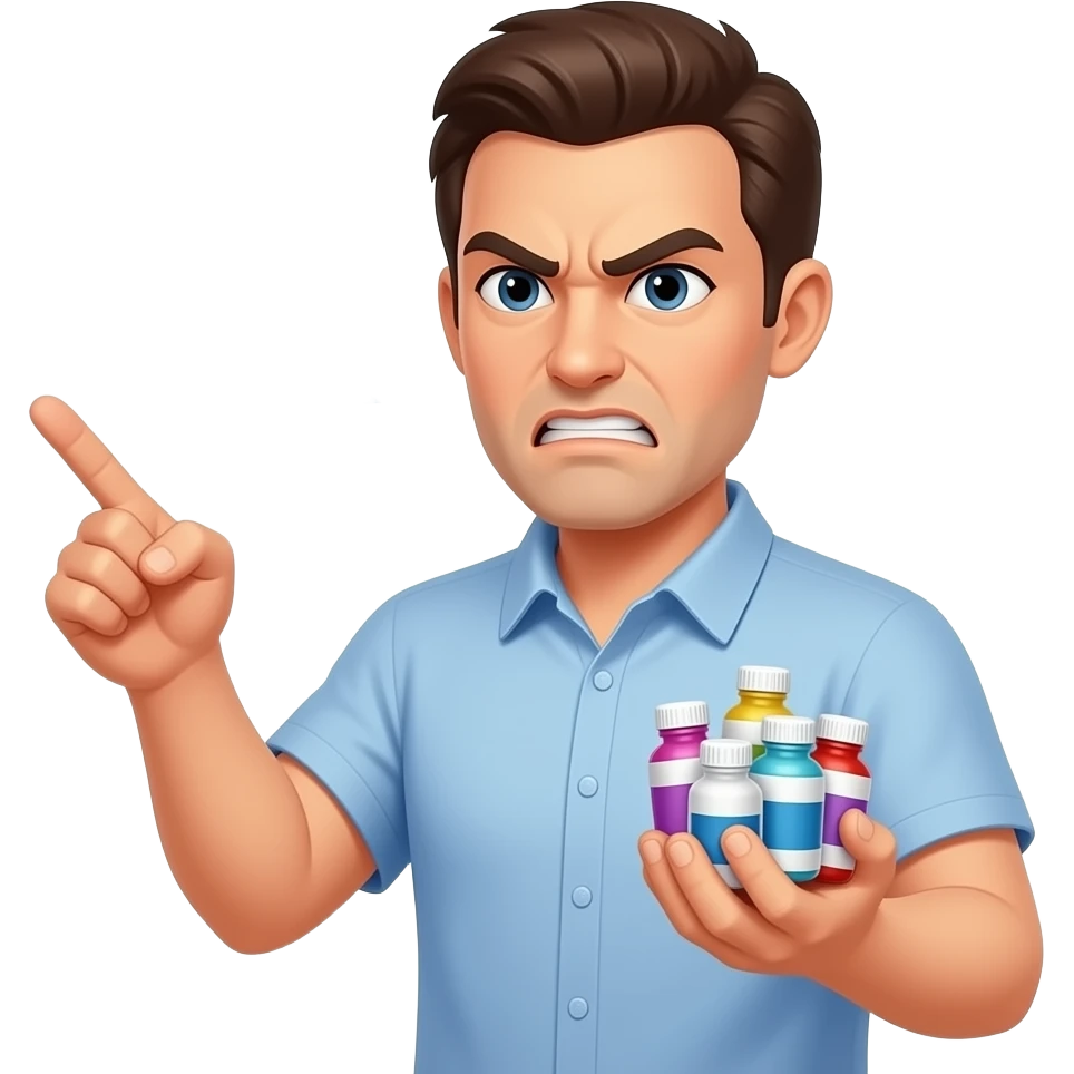 An angry man left hand pointing you, right hand holding plenty medicine and said 「有病就食藥」 emoji