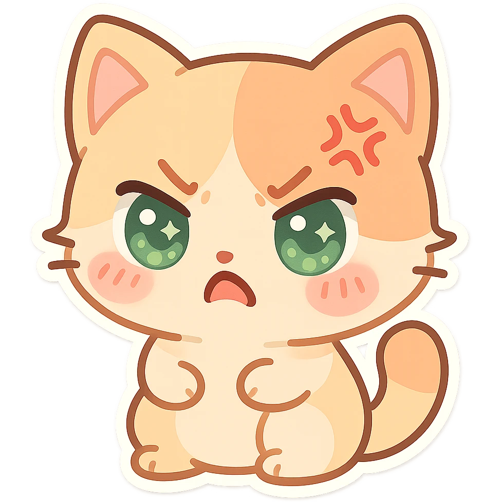 kawaii chibi-style cat emoji with pastel orange and brown cream fur, anime-style angry expression, sparkly green eyes, blushing cheeks, pastel color palette, soft rounded design, vector art emoji