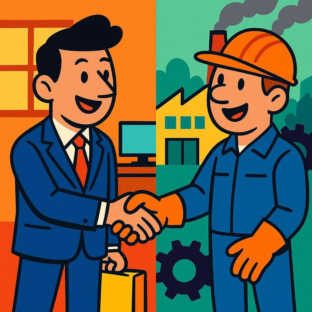 office worker shaking hands with factory worker, cartoon style, bright colors, positive atmosphere emoji