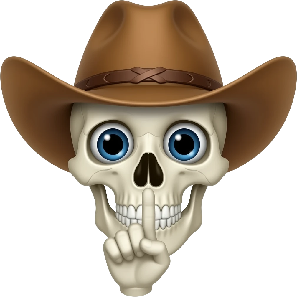 Cowboy Skull with his index finger to his lips, shhhh, palm turned inward toward the face, back of hand facing camera emoji