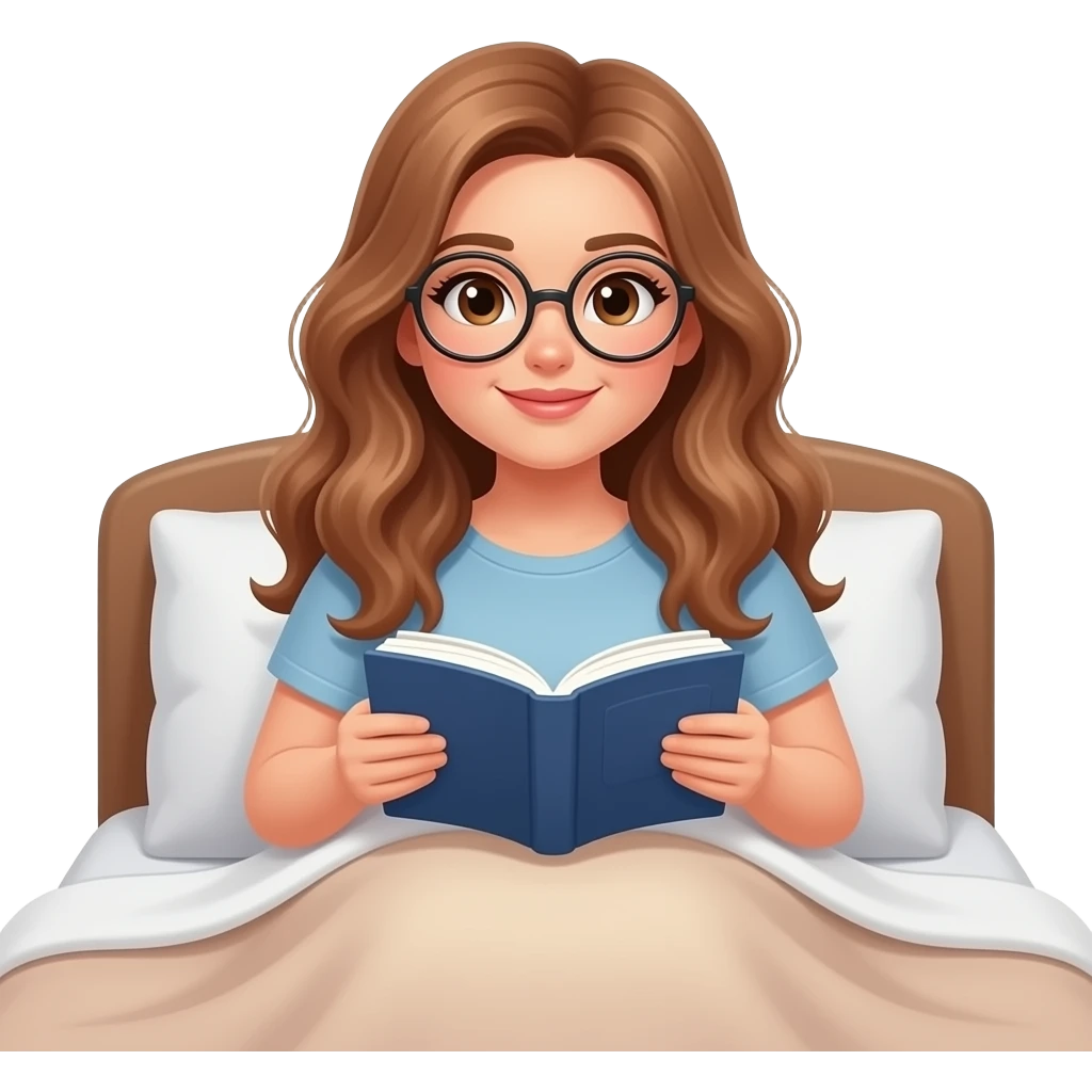detailed emoji illustration of a curvy woman with long light brown wavy hair, light brown eyes and round glasses sitting in bed under a blanket and reading a book, cozy night reading atmosphere, cute emoji style emoji