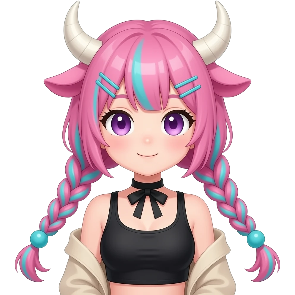 Cute pretty anime woman with big white bull horns, pink braided hair with thing cyan stripes and cyan ball-shaped hair ties, pink cow ears on the sides of head, Black cropped top; beige detached long sleeves, neck ribbon, purple eyes emoji