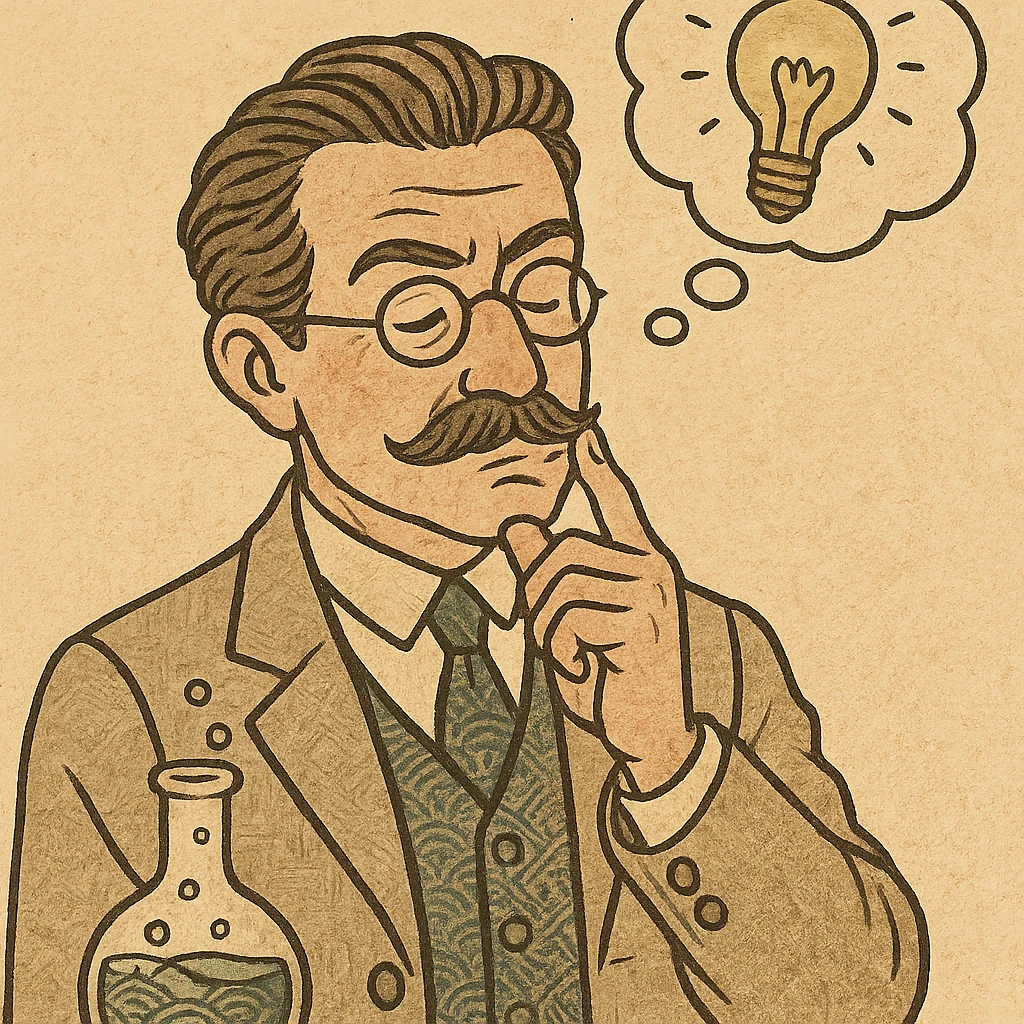 A 1920s scientist with a moustache thinking emoji