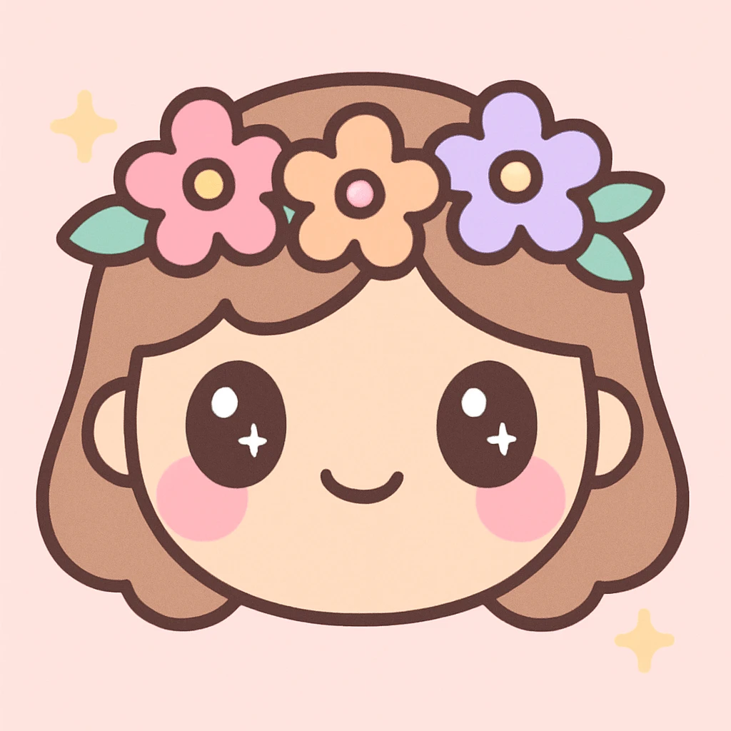 girly emote with a flower crown, soft blush, gentle smile, kawaii style emoji