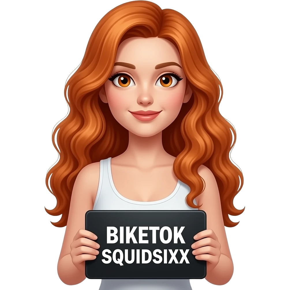 sexy girl with long wavy ginger hair and ginger eyes wearing a white tanktop is holding a black colored sign with BIKETOK SQUIDSIXX written on it emoji