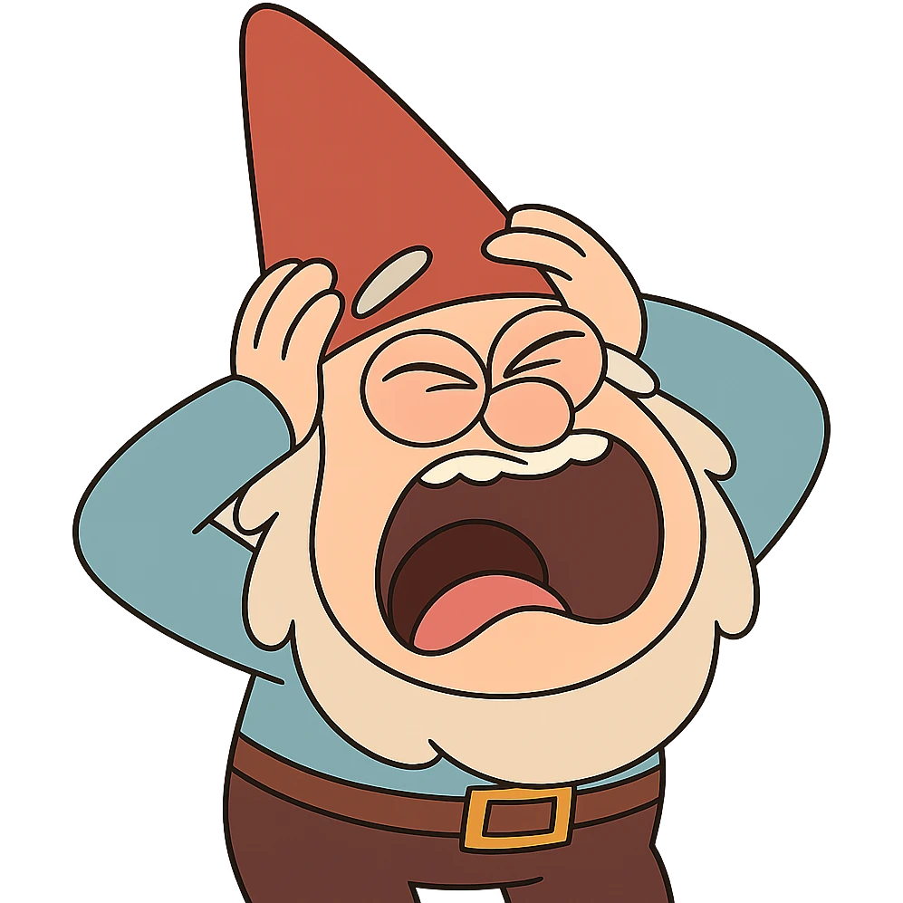 flat toon style gnome holding his head and screaming emoji