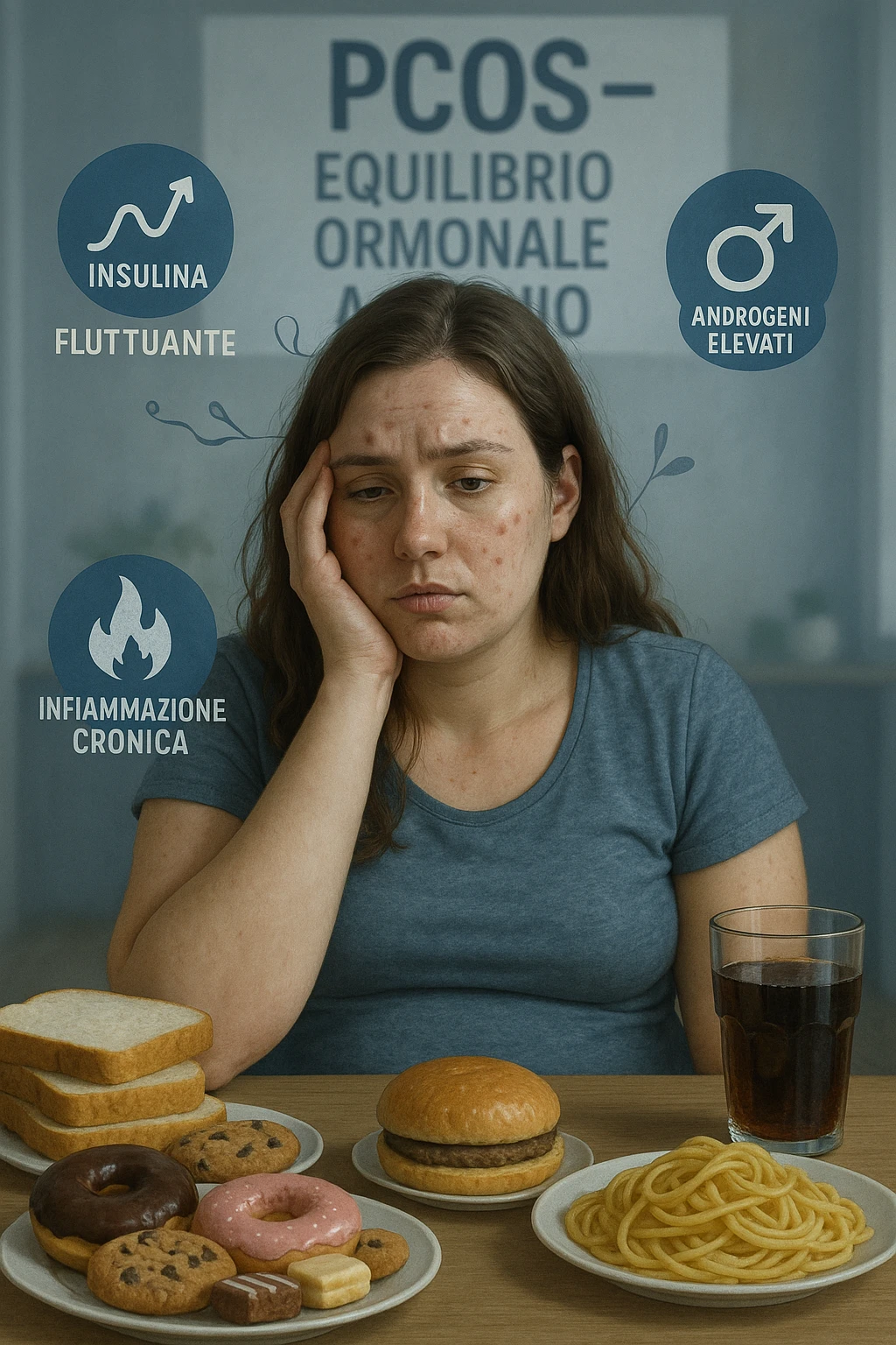 Donna tra i 25 e i 35 anni, seduta a tavola con un’espressione stanca e gonfia. Sul tavolo ci sono alimenti sbagliati per la sua condizione: dolci raffinati, pane bianco, pasta, bibite zuccherate. Intorno al suo corpo si vedono elementi simbolici che rappresentano gli effetti della PCOS peggiorata: insulina fluttuante, androgeni elevati, infiammazione bassa cronica. La sua pelle appare acneica, gonfiore addominale visibile, sguardo affaticato. Sullo sfondo, un cartello sfocato con scritto 'PCOS – equilibrio ormonale a rischio'. Stile realistico con elementi simbolici, toni freddi ma chiari emoji