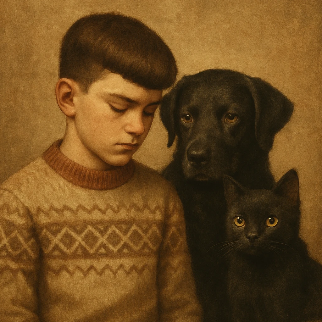 A kid with a chiseled jawline, brown eyes, and flat brown hair facing down, wearing a vintage sweater, with a black dog and a black cat beside them. emoji