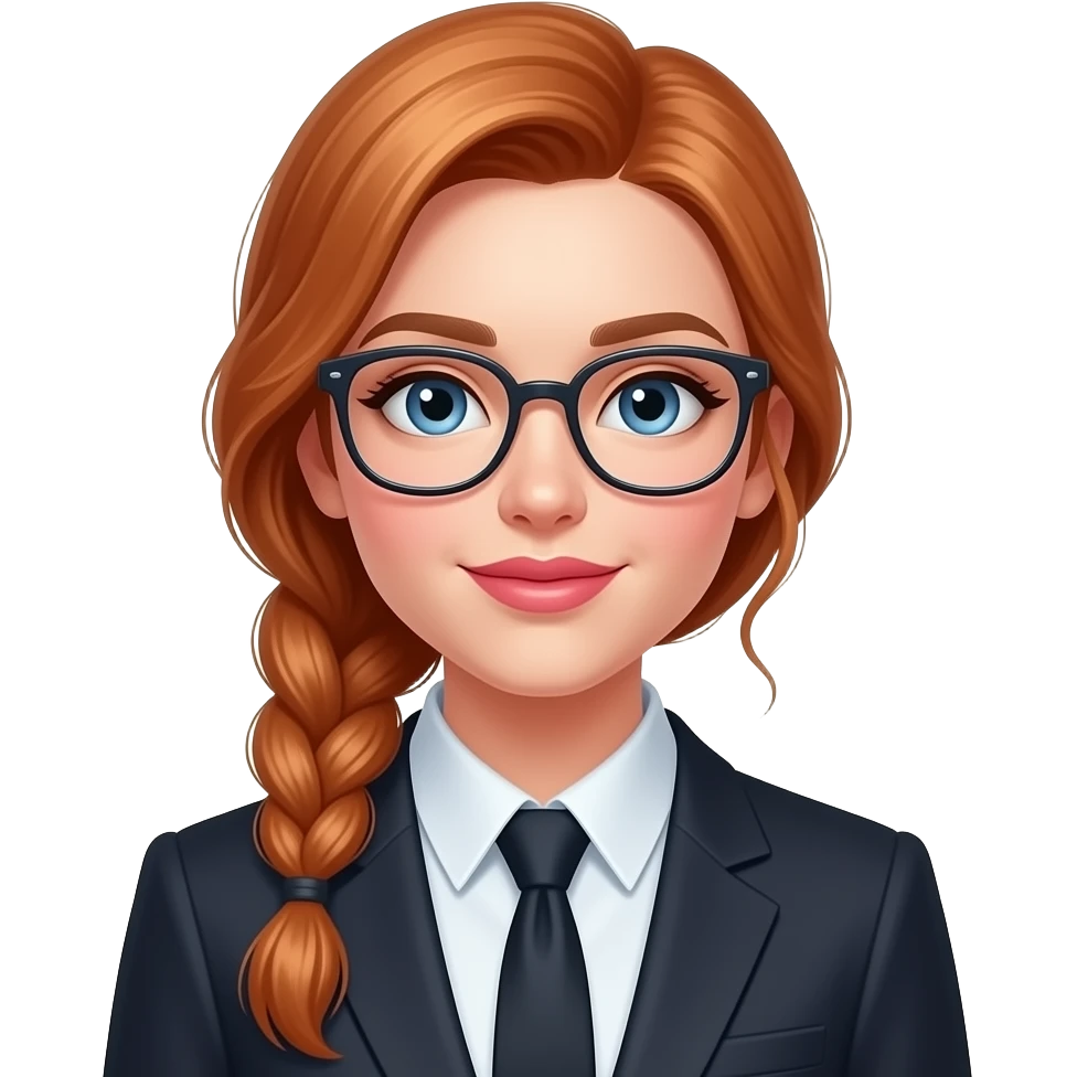 white girl with long light red hair braided and blue eyes with glasses and pink lips in a business dress blouse without a tie emoji