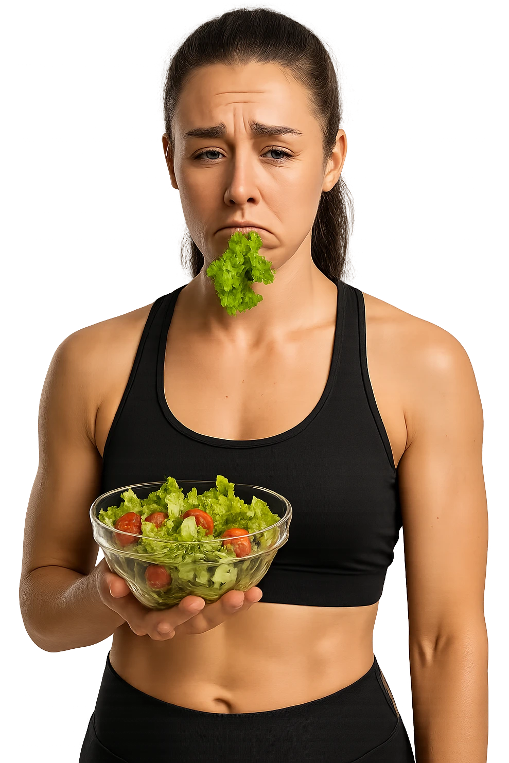 DONNA FITNESS CON INSALATA IN MANO MENTRE TIENE UNA FOGLIA DI INSALATA IN BOCCA CON ESPRESSIONE TRISTE, iperrealistico 4k, ISOLATA SU SFONDO BIANCO emoji