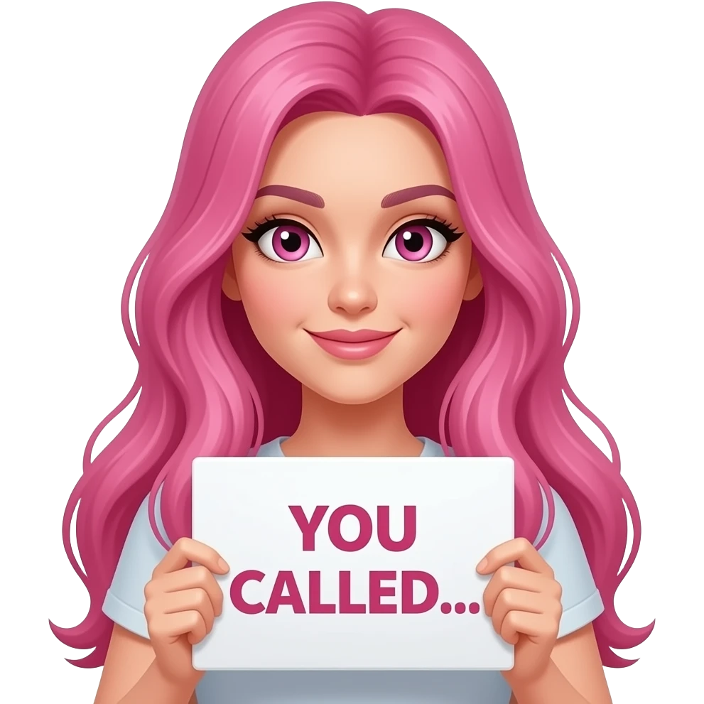 sexy girl with long pink hair and pink eyes wearing a holding a YOU CALLED... sign emoji