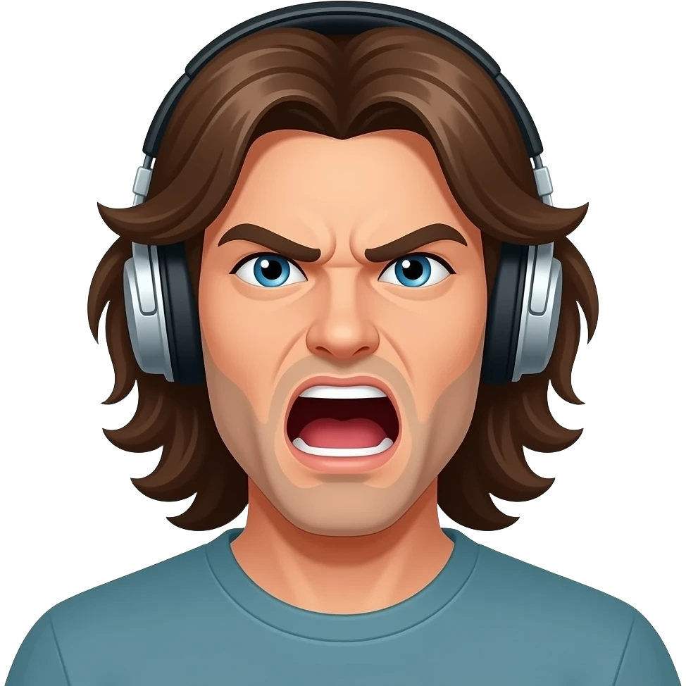 орет и бесится мужчина стример с длинными коричневыми волосами наушниками emoji