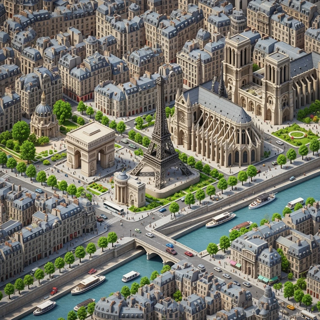 Isometric illustration of Paris, with photorealistic detailed miniature cityscape emoji