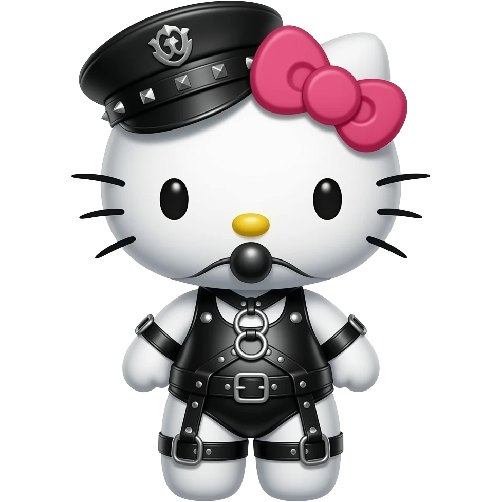 hello kitty representada de cuerpo entero como esclava BDSM fetichista vestida de latex ajustado y O-ring harness, gorra militar de cuero con tachuelas, Ball-gagged, emoji