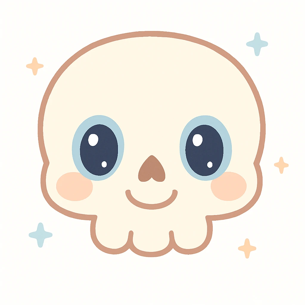 friendly skeleton head, front view, round shapes, gentle smile, not scary, kawaii style emoji