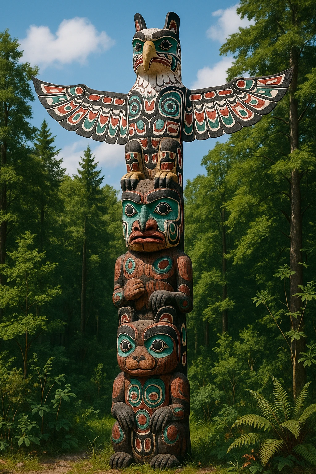 A tall Native American totem pole from the Pacific Northwest, carved with intricate animal figures stacked vertically, topped by a majestic eagle. The pole is decorated with vibrant tribal patterns in red, black, white, and blue, featuring geometric and organic motifs. The animal figures have stylized, expressive features and ornamental carvings. The totem pole is set in a lush natural landscape, symbolizing tribal legacy and spiritual connection to nature. emoji