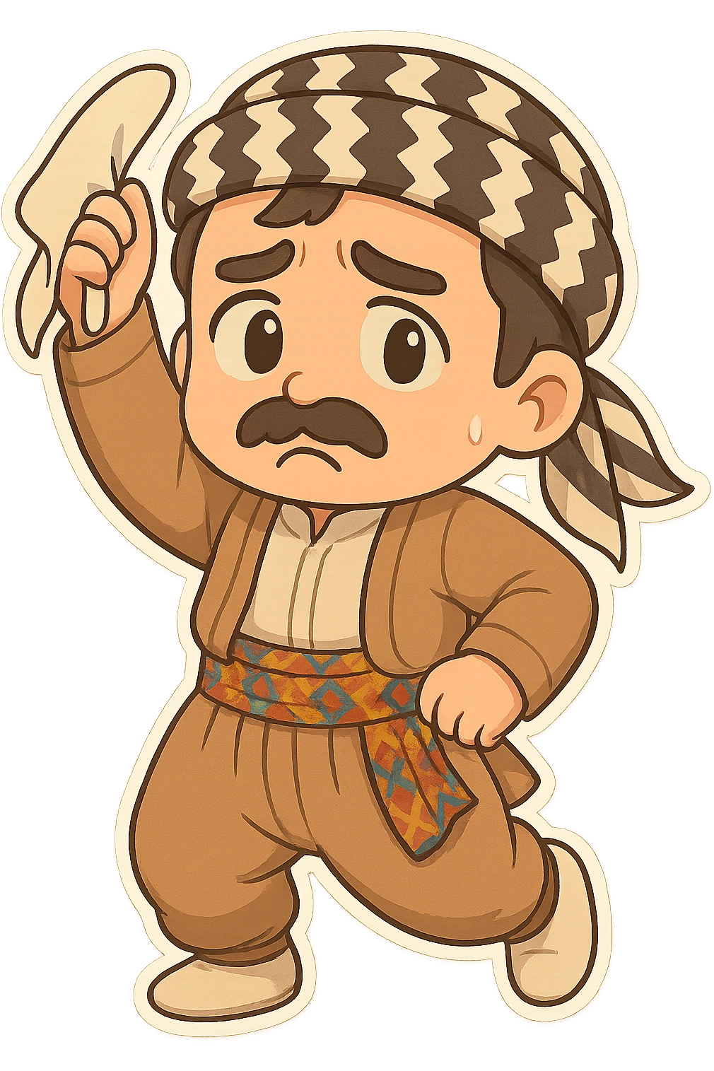 Create a chibi Kurdish cartoon sticker based on the reference image, showing a worried (concerned) expression, with a transparent background. emoji