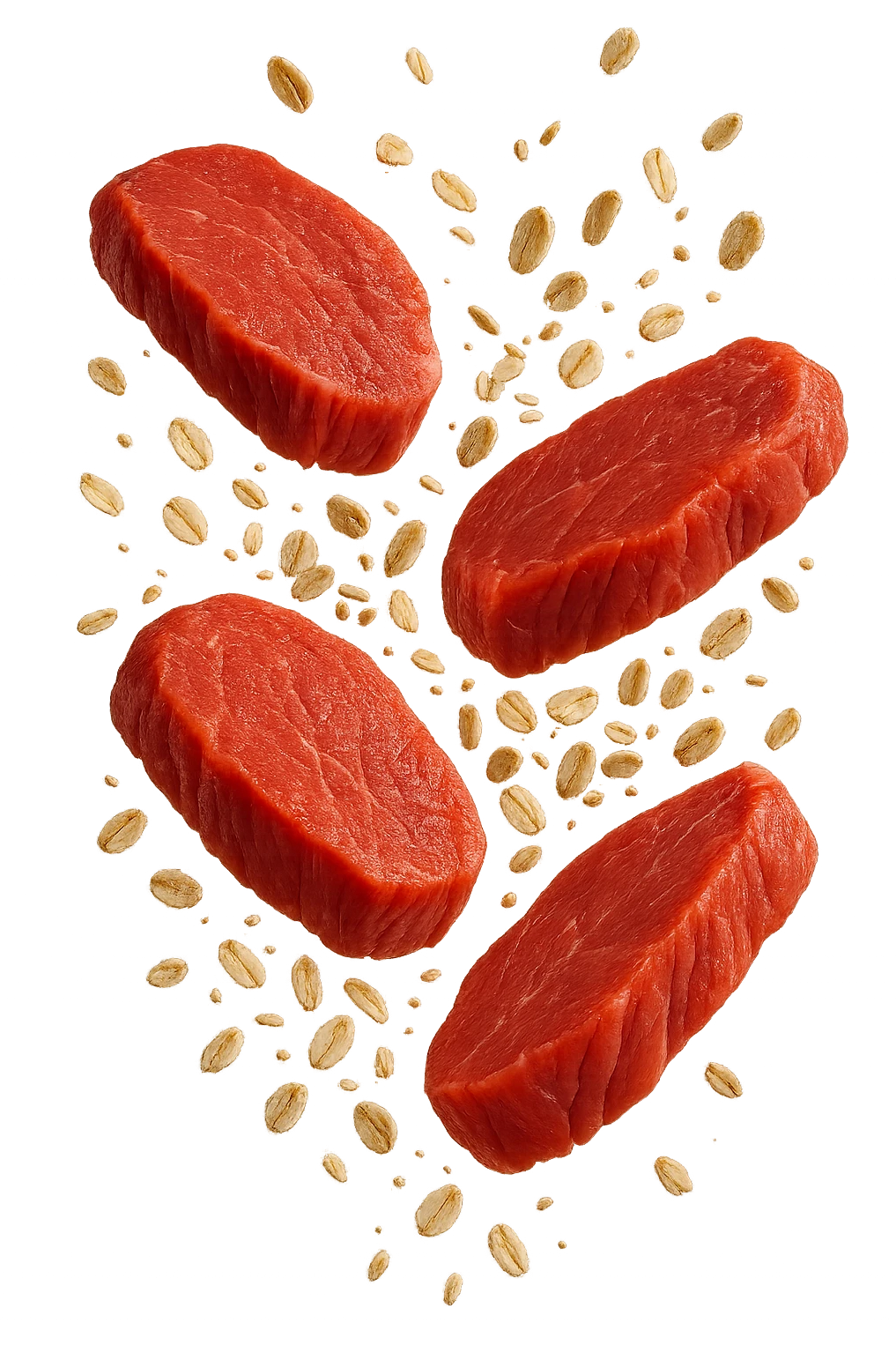 FETTINE DI CARNE FLUTTUANO IN ARIA INSIEME A FIOCCHI DI AVENA, IPERREALISTICO 4K emoji