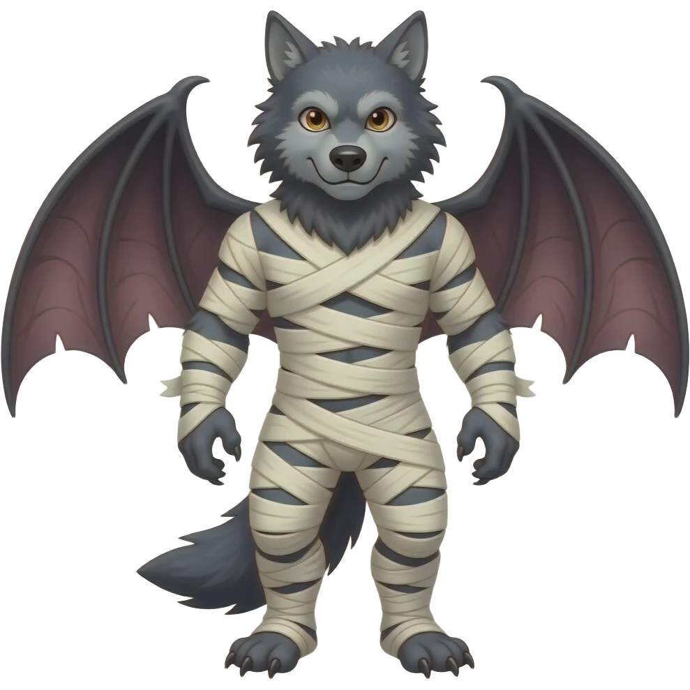 A hairy werewolf body with bat wings wrapped up like a mummy emoji
