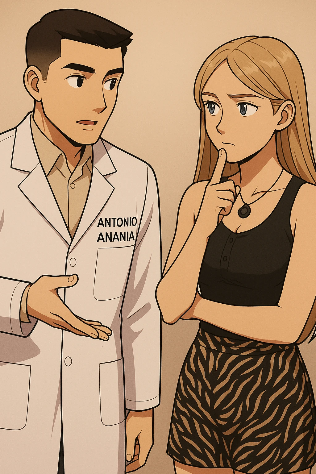 fai un webtoon/manga a colori con questo kinesiologo in camice bianco (fagli la scritta "ANTONIO ANANIA" SUL CAMICE) CHE PARLA CON QUESTA RAGAZZA CON GLI OCCHI AZZURRI. la ragazza HA UN DITO SUL MENTO MENTRE PENSIEROSA gli fa una domanda e IL KINESIOLOGO CON IL CAMICE BIANCO LE risponde. NON FARE I FUMETTI, FAI SOLO LORO COME SE DIALOGASSERO emoji