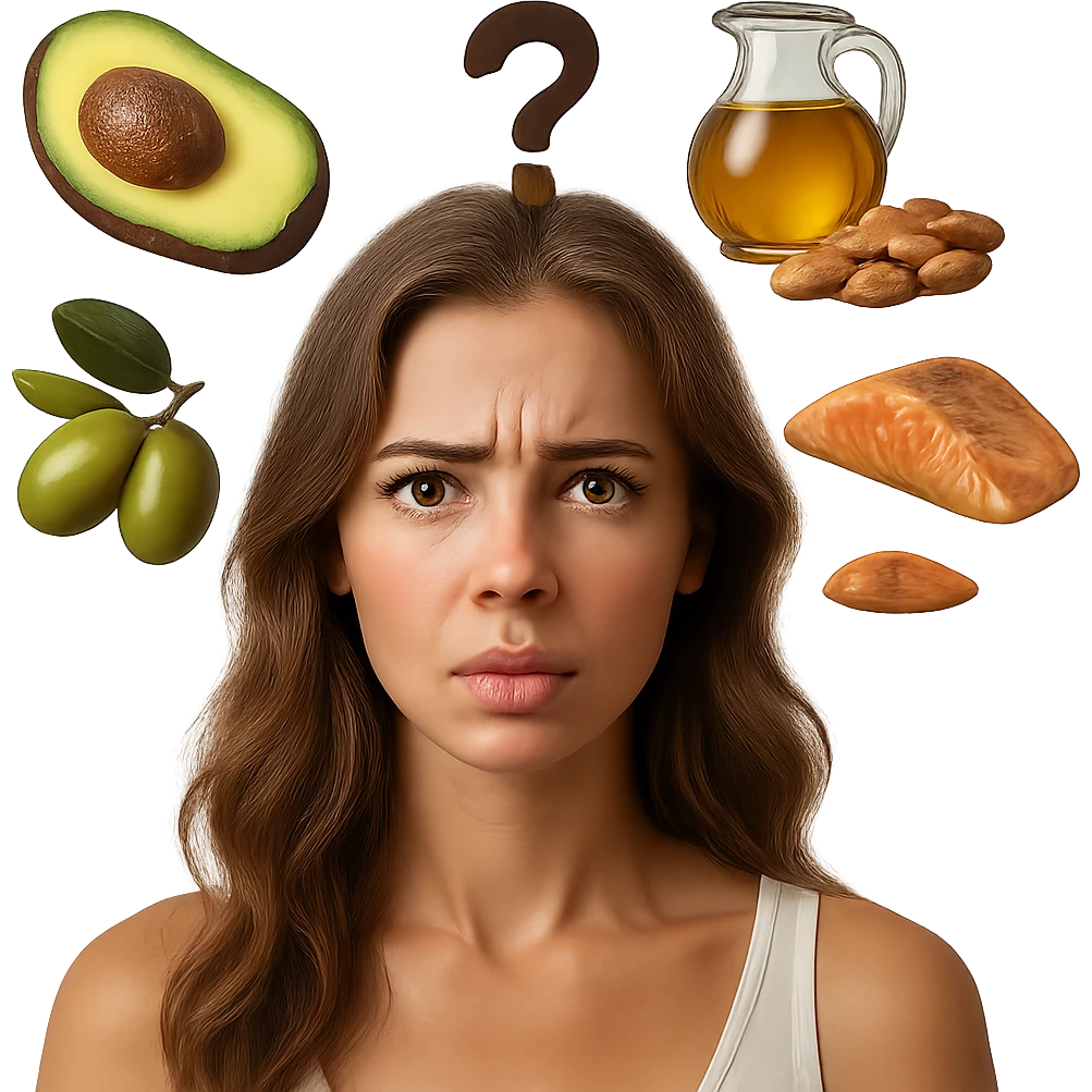 Create a 3D render style image of a realistic woman with a confused expression, surrounded by realistic icons of good fats (avocado, olive oil, nuts, salmon), with a question mark above her head. The image should have hyperrealistic details and natural lighting. Maintain the composition of variant 6 but completely remove the background. emoji