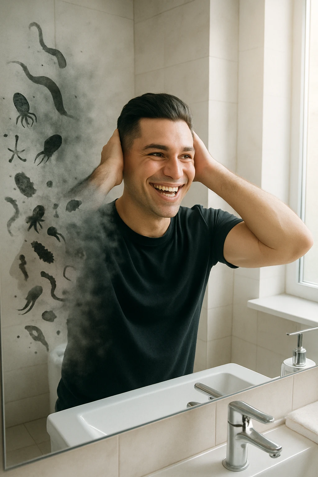 a man stands in a brightly lit bathroom, looking relieved and revitalized as he examines his reflection in the mirror. In the foreground, stylized, shadowy images of parasites (such as worms or protozoa) are shown leaving his body, dissolving into mist or fading away. His posture is upright and his expression is one of newfound energy and health. emoji