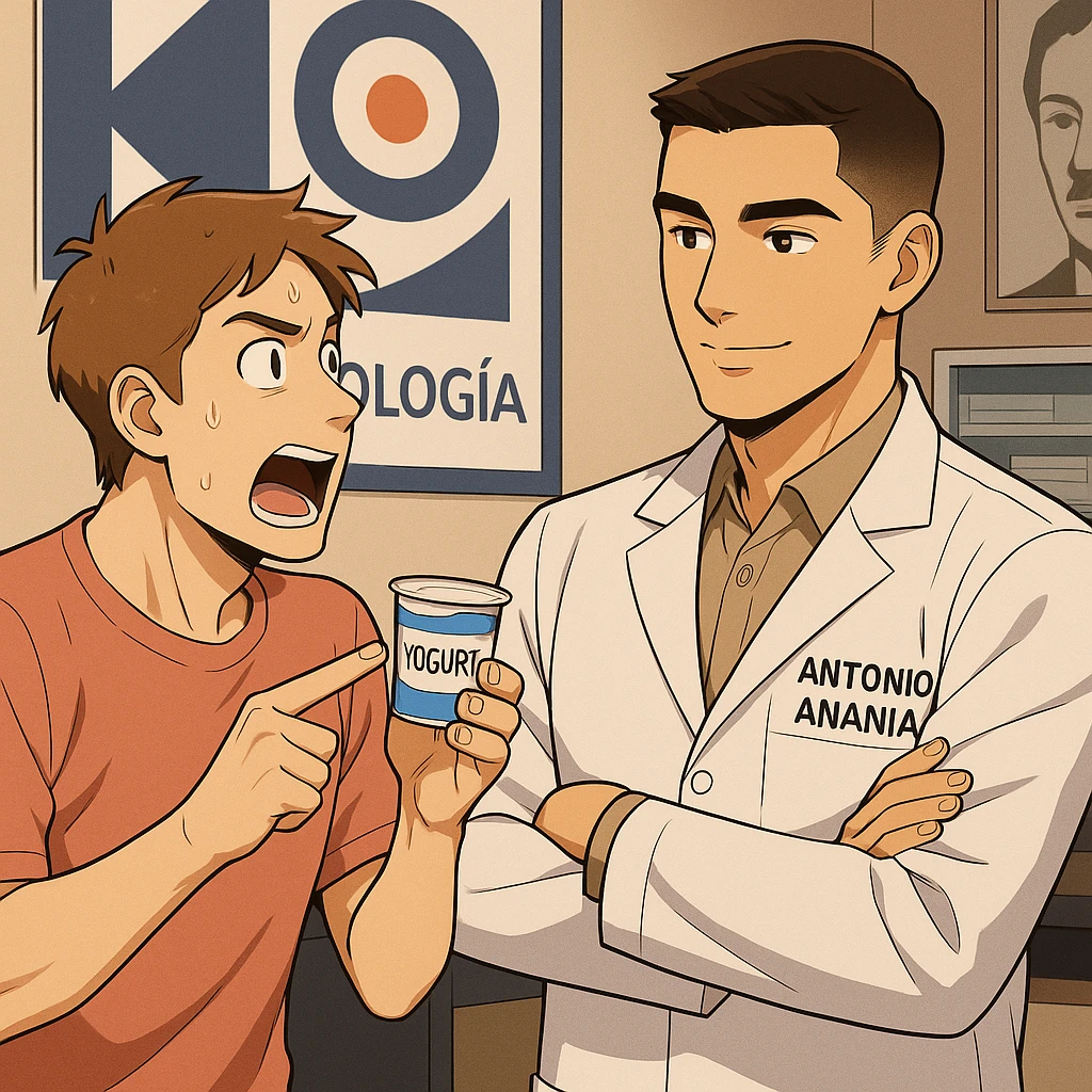 fai un webtoon manga a colori con questo stile, in cui un uomo chiede al kinesiologo con il camice bianco (fagli anche la scritta "ANTONIO ANANIA" SUL CAMICE, una domanda e il kinesiologo gli risponde, L'UOMO INDICA LO YOGURT CHE HA IN MANO ED è MOLTO ALLARMATO NEL FARE LA DOMANDA. non fare i fumetti però, fai solo in modo che sembri stiano parlando emoji