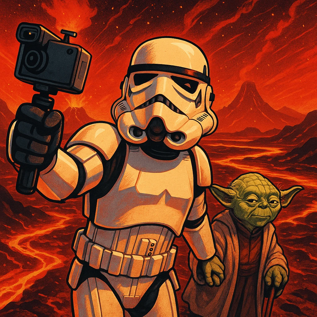 make digital poster art of Camera POV, Starwars stormtroopers vlogging selfie, he is walking on lava planet with yoda
 emoji