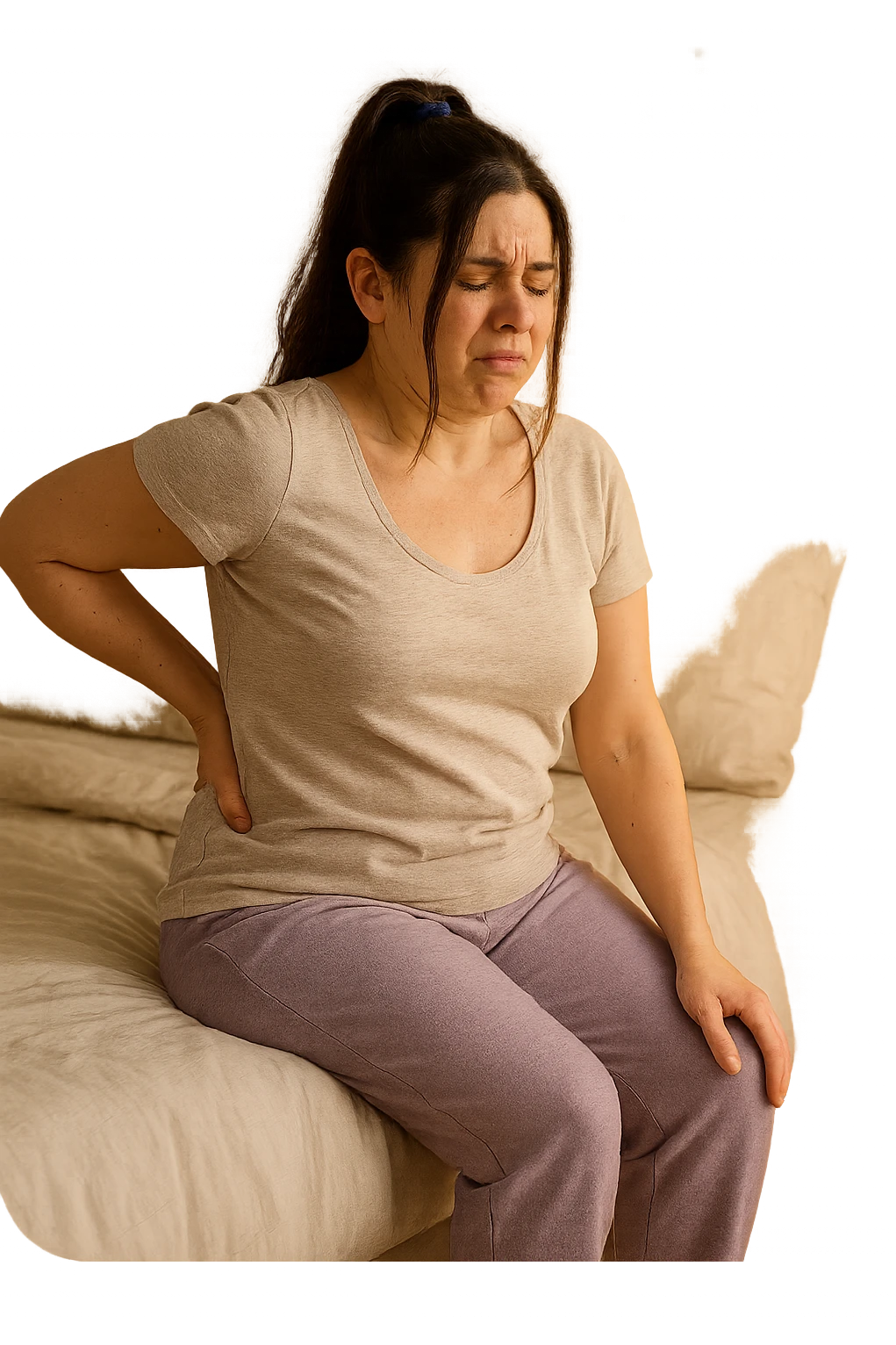 a woman in her 30s sits on the edge of her bed in the morning, holding her lower back with a pained expression. Subtle visual cues, like uneven shoulders or hips, hint at postural asymmetry. The room is softly lit, and a calendar on the wall shows months crossed off, symbolizing chronic pain over the years. emoji