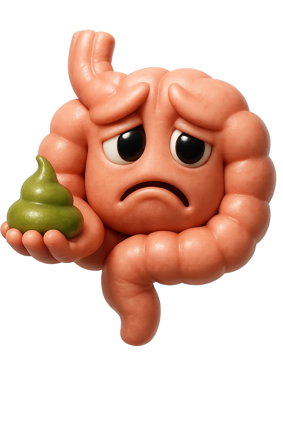 emoji stile iphone 3d di un intestino con espressione triste con cacca verde e liquida in mano , iperrealistiche 4k emoji