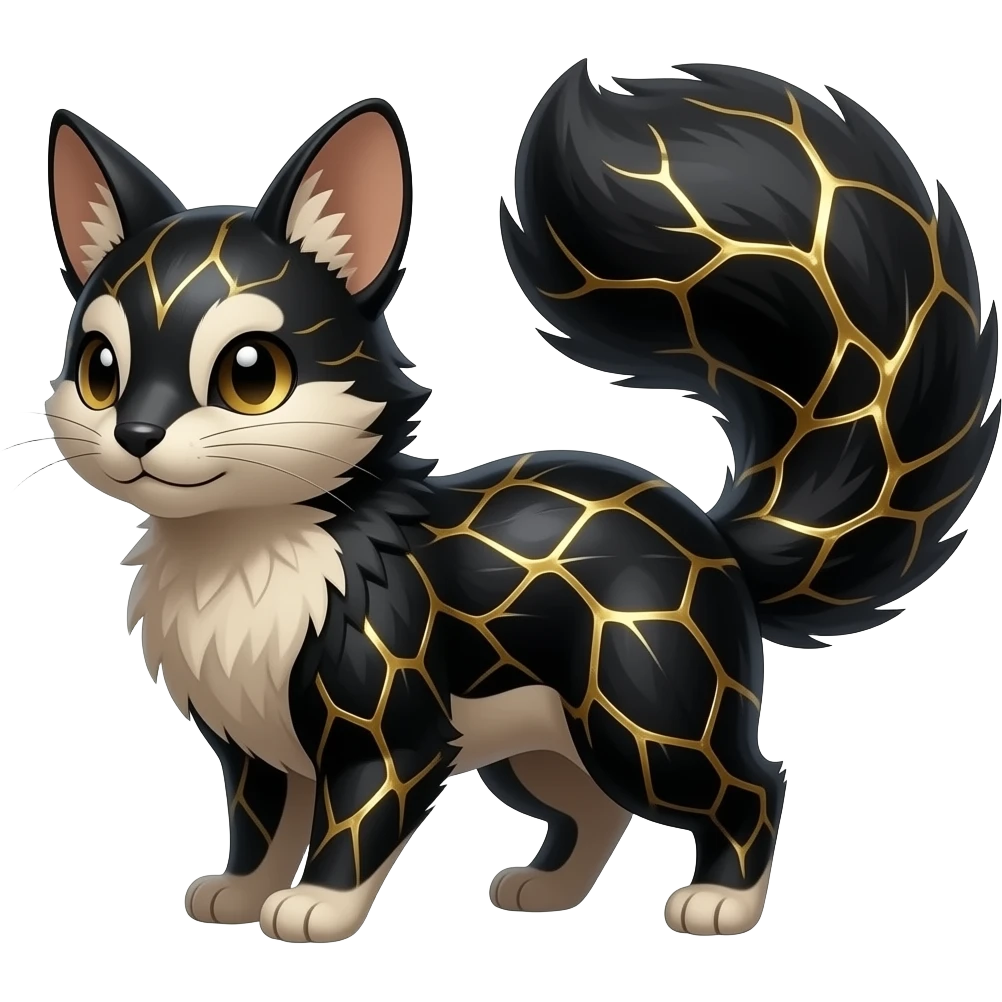 Hyper realistic obsidian fur etched with molten gold fault-lines and dark mirror shine beautiful elegant pretty precious cute Fakémon-Pokémon-opossum-feline-serval-caracal-chinchilla-Furret-Minccino-hybrid-creature with a big fluffy bushy tail (full body) emoji