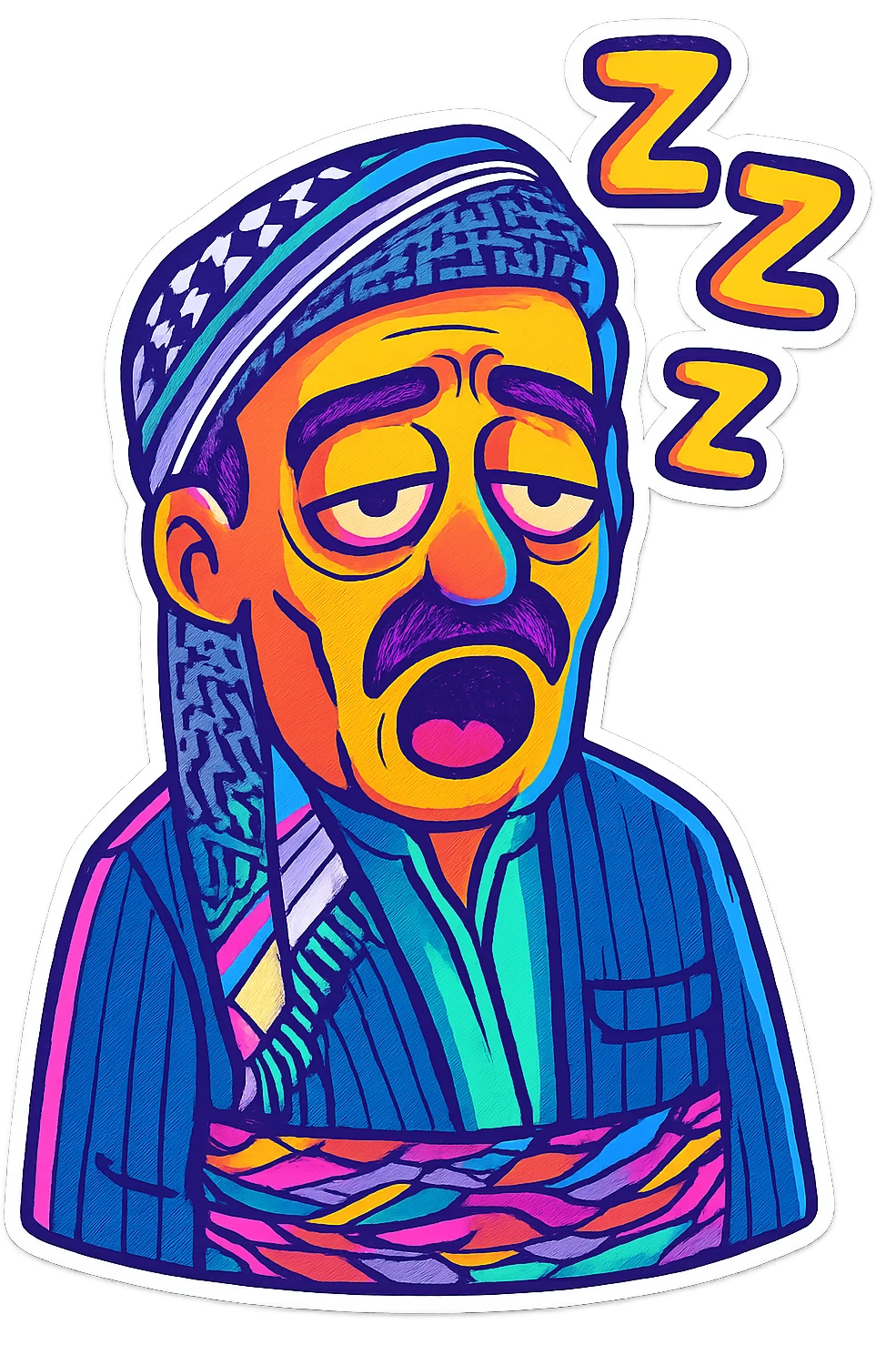 Create a cartoon sticker with a sleepy expression in the style of Flux Kontext Pro, with a transparent background. The style is vibrant and pop colors icons with a cartoonish, colorful, and lively look. emoji