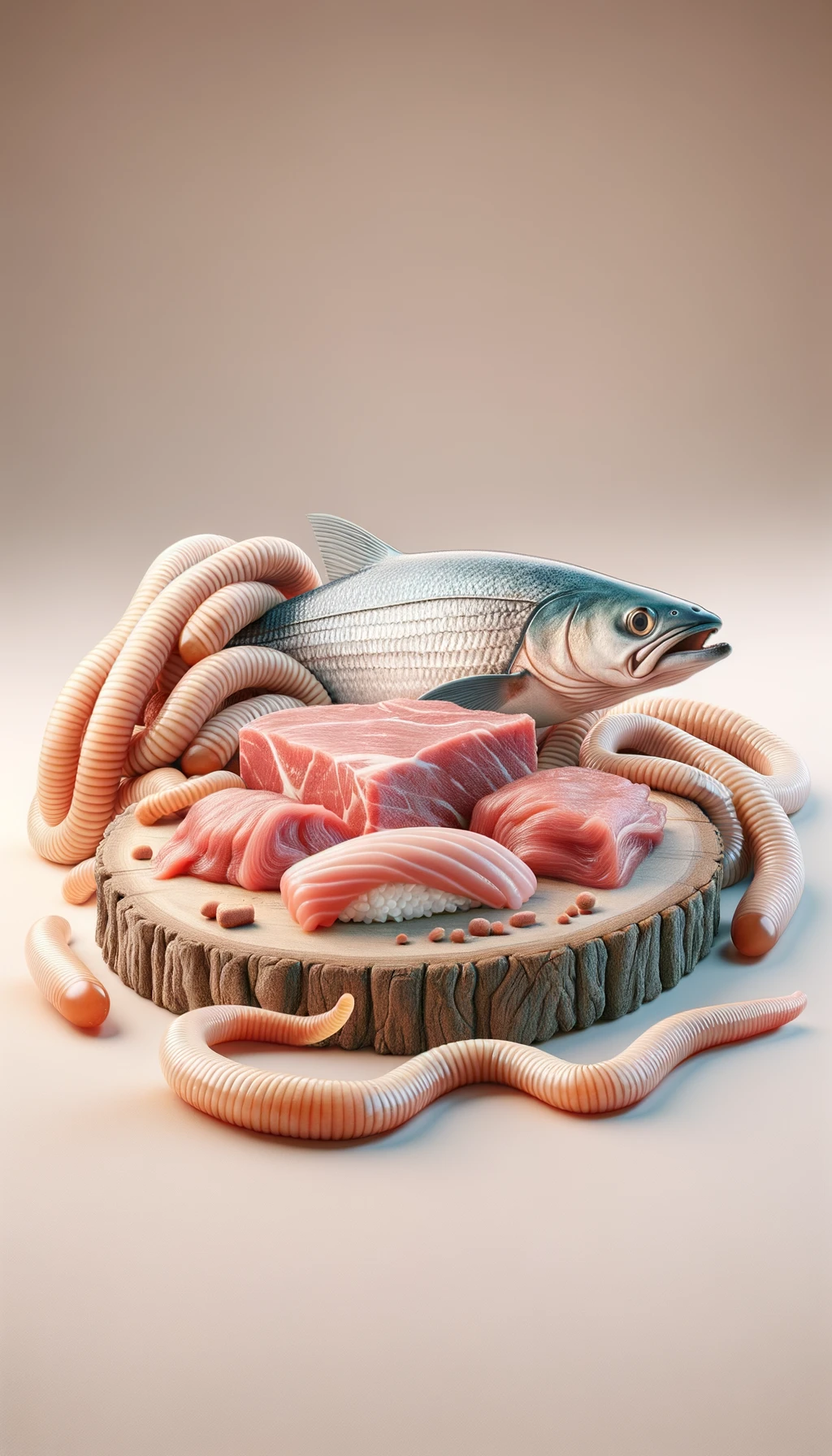 carne cruda fluttua insieme a pesce crudo (tipo sushi), intorno a loro fluttuano vermi lunghi e beige chiaro, sfondo neutro chiaro, iperrealistico 4k emoji