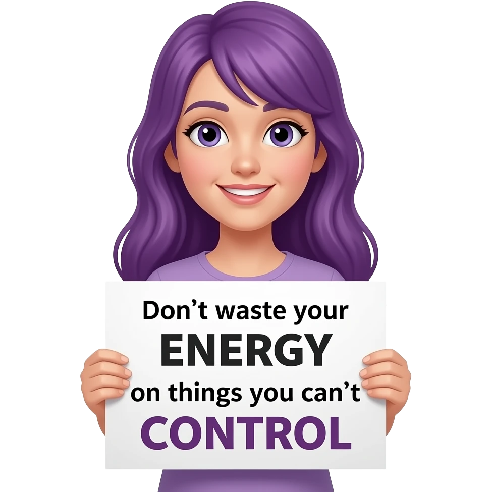 girl with long purple hair holding a Don't waste your ENERGY on things you can't CONTROL sign emoji