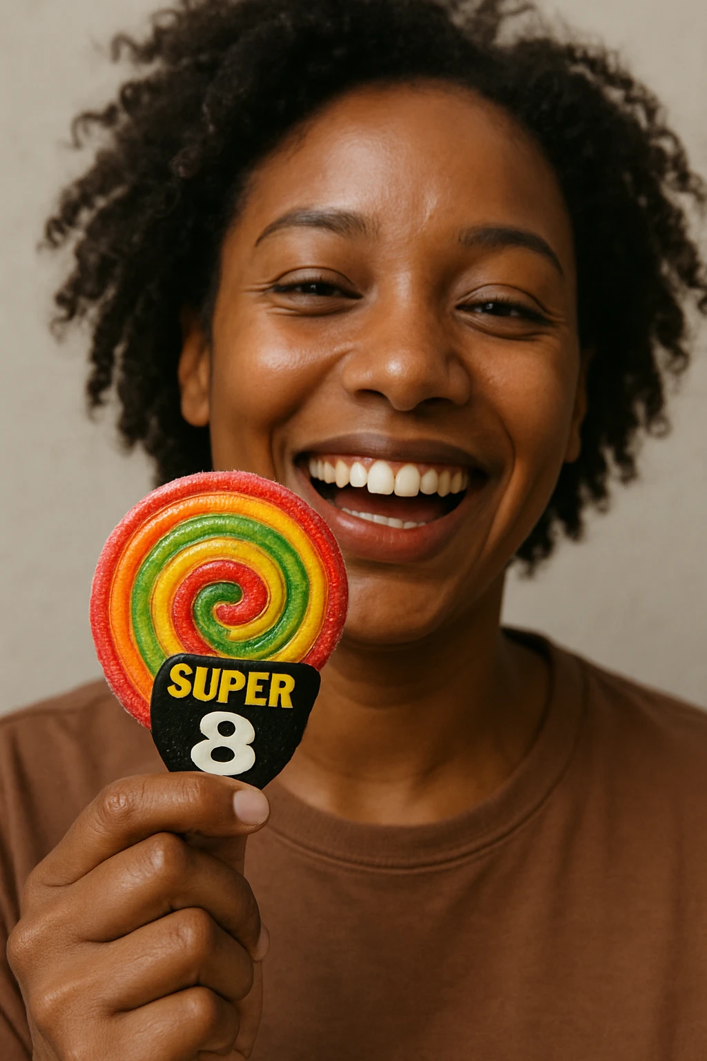 realistic illustration of a person of color holding a colorful spiral rolled candy Super 8, neutral background, joyful expression, clear details on the candy emoji
