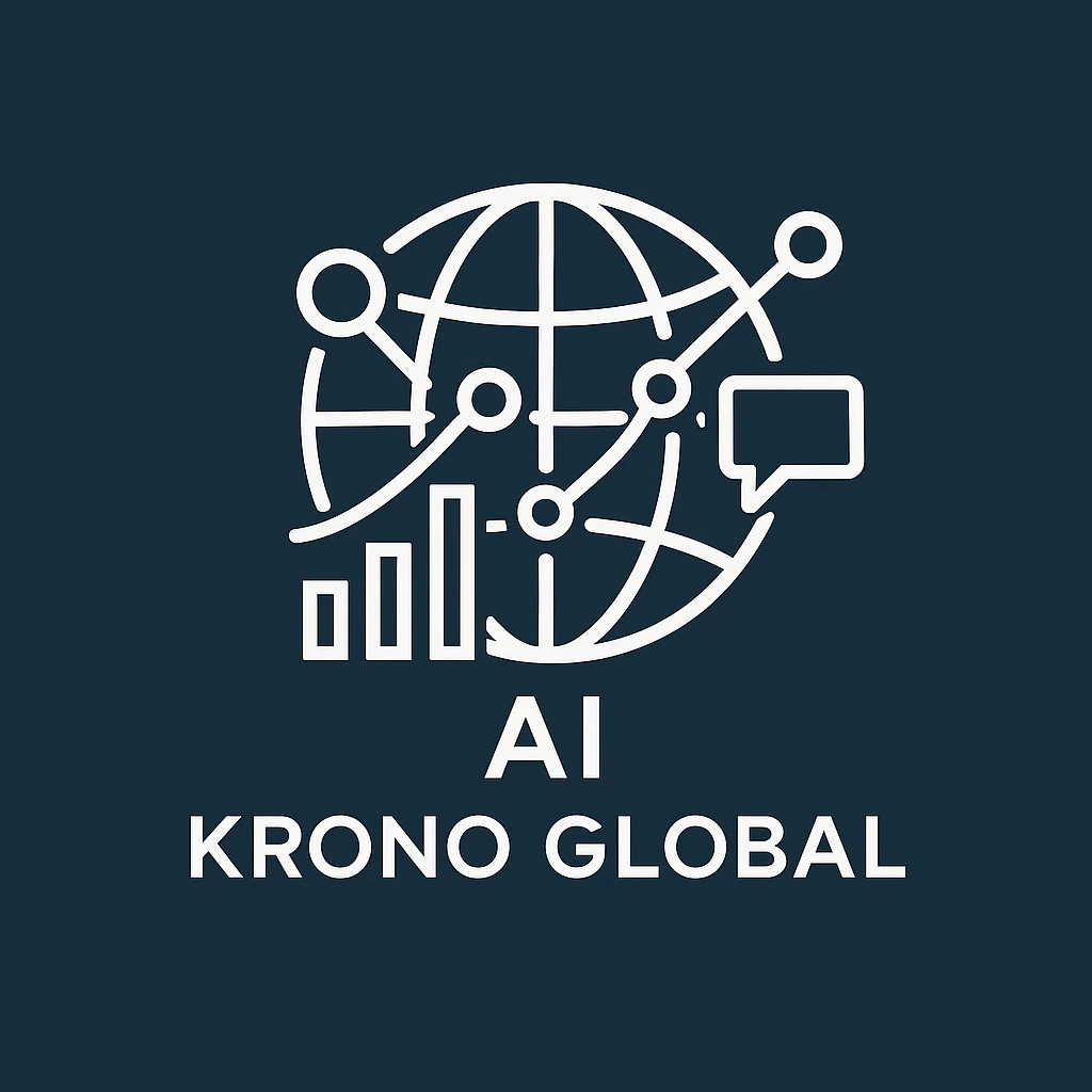 Icon representing AI and international business for Krono Global, featuring a globe, digital network lines, and marketing symbols in a sleek, professional style, modern and tech-inspired. emoji
