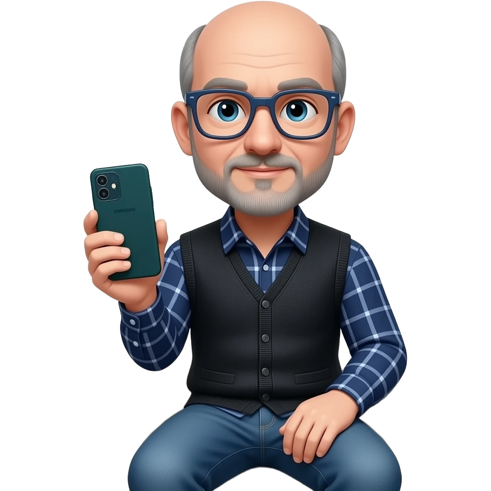Señor sentado orejas grandes gafas cuadradas azul oscuras y un poco de barba gris y casi calvo con algún pelo canoso Está con un Samsung a54 de funda verde azulada oscura y una camisa azul marino con líneas a cuadros encima un chaleco tipo jersey de algodón cerrado negro y vaqueros azules. emoji