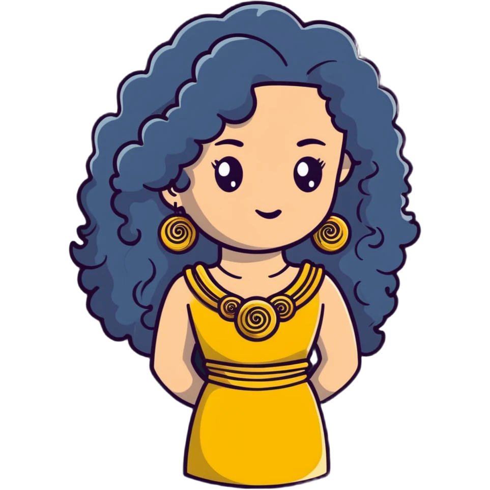 pretty Greek girl with big puffy long curly hair, gold statement earrings and necklace, cute modern dress emoji