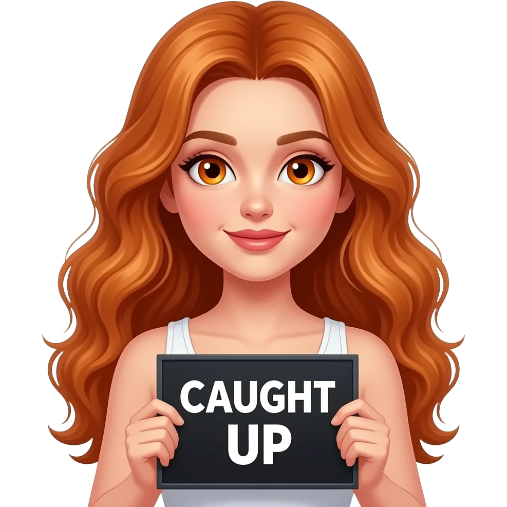 sexy girl with long wavy ginger hair and ginger eyes wearing a white tanktop is holding a black colored sign with CAUGHT UP written on it emoji