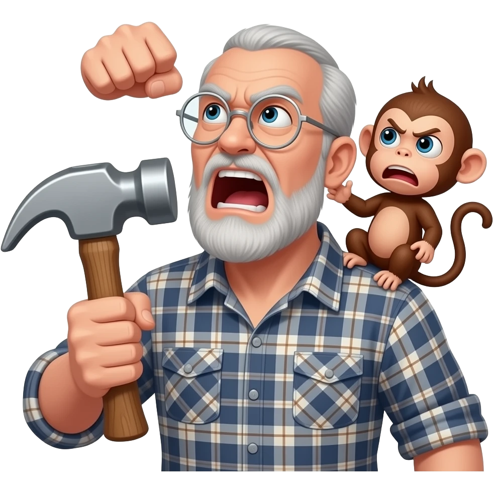 Angry old man with a plaid shirt with silver round glasses balding, NO beard & NO mustache yelling at the sky and shaking his fist angrily at the sky holding a hammer in his LEFT hand and a angry baby monkey on his shoulder. emoji