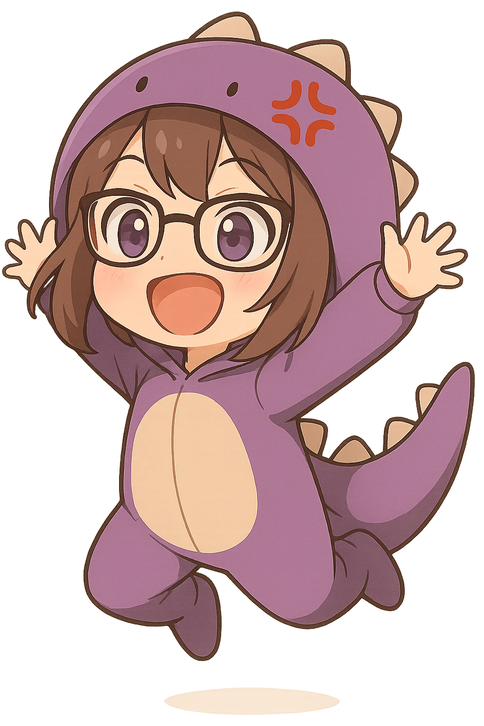 Chibi anime style gamer girl with glasses, brown hair, dark purple eyes, wearing a purple dinosaur costume, jumping pose, excited expression, no controller, no background, same style as reference. emoji