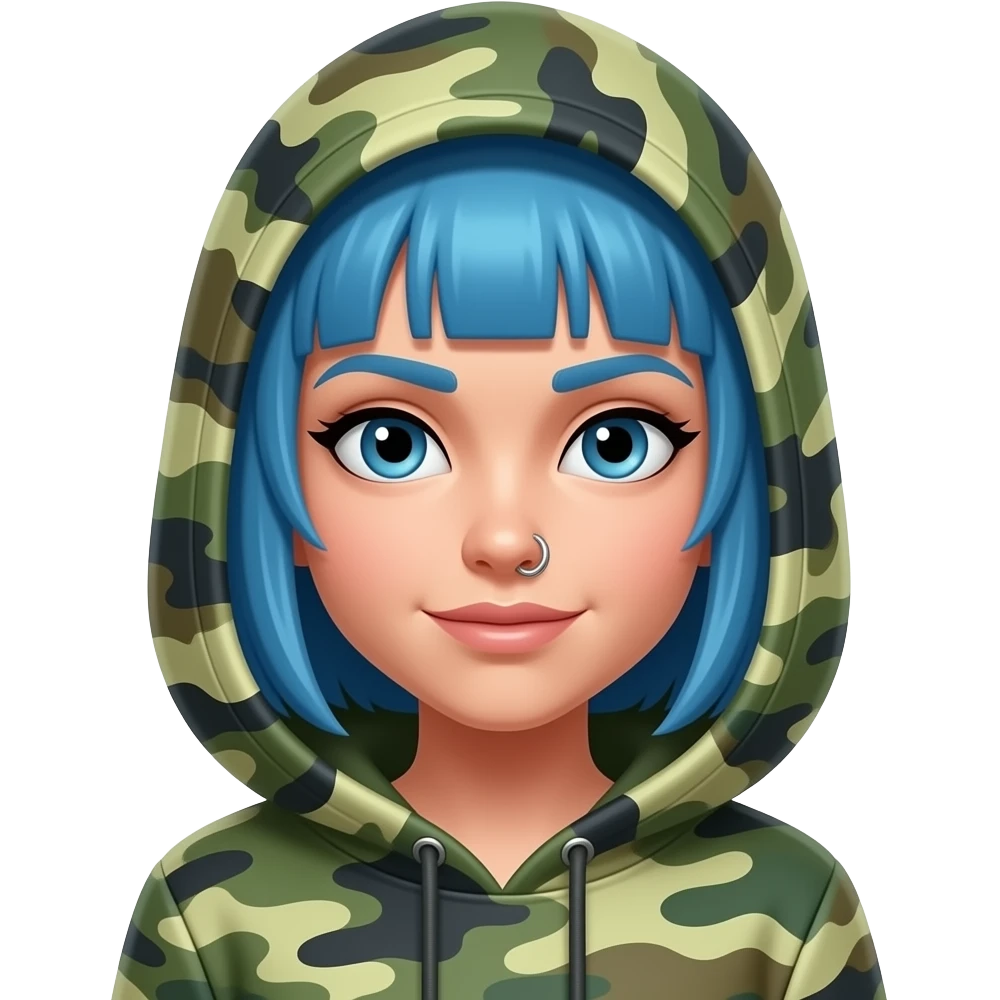 blue hair girl with nose stud and eyebrow slit with a camo hoodie on emoji